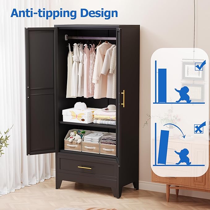 Armario de acero con espejo, clóset de 180 cm con barra para colgar y cajón, gabinete de almacenamiento de ropa de metal con estante ajustable para dormitorio, capa, gimnasio