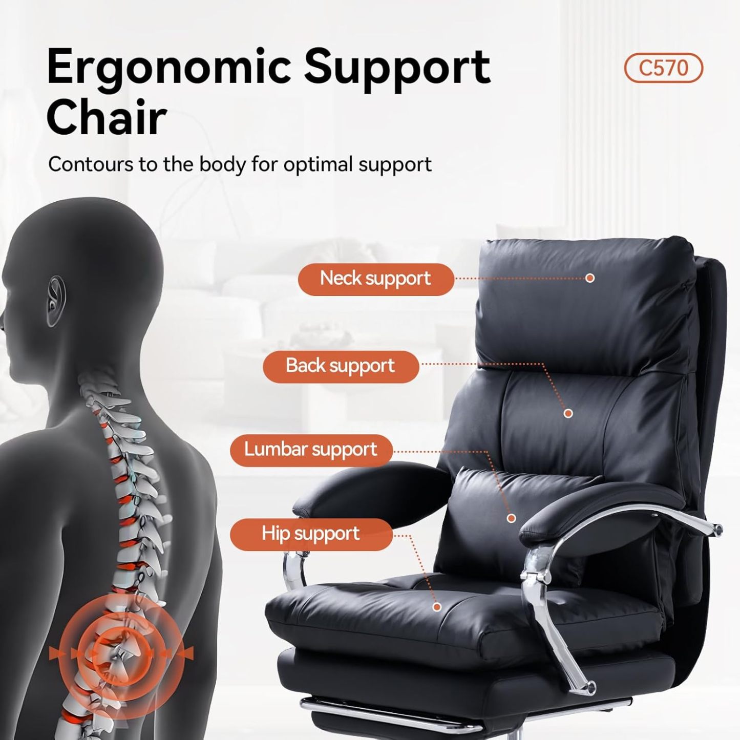 Silla de oficina con reposapiés, silla ejecutiva reclinable con brazos, respaldo alto ergonómico de cuero sintético, cómoda, personalizable.