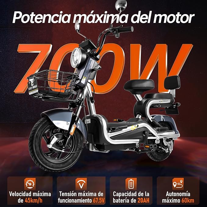 Bicimoto Eléctrica con Alarma, Máxima del Motor 700W, Velocidad Máxima 45KM/H, Autonomía 55-60KM, Baterías de Gran Capacidad 20AH