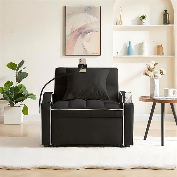 Sofá cama extraíble 3 en 1, sillón convertible individual, sofá cama de terciopelo para invitados, futón decorativo, sillón ajustable con USB, portavasos, soporte para teléfono, bolsillos laterales y almohada lumbar
