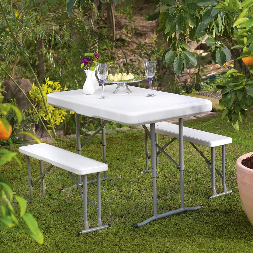 Juego Mesa Ext Dos Bancos Plegables Polietileno Blanco