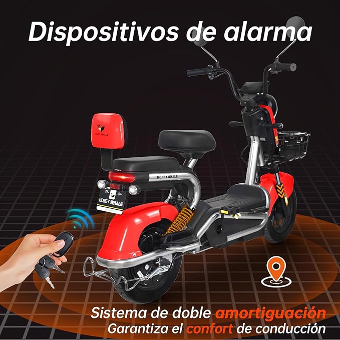 Bicimoto Eléctrica con Alarma, Máxima del Motor 700W, Velocidad Máxima 45KM/H, Autonomía 55-60KM, Baterías de Gran Capacidad 20AH