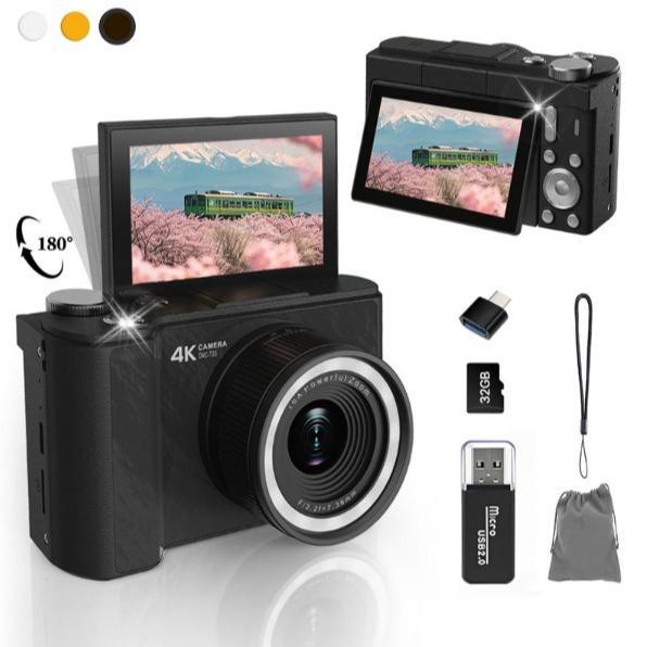 Cámara digital 4K para fotografía, cámara portátil con pantalla plegable estilo Y2K para videoblogs, con tarjeta SD de 32 GB, correa para la muñeca, temporizador automático, estabilización de imagen, zoom digital de 16x. Regalo ideal para niñas, niños y p