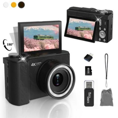 Cámara digital 4K para fotografía, cámara portátil con pantalla plegable estilo Y2K para videoblogs, con tarjeta SD de 32 GB, correa para la muñeca, temporizador automático, estabilización de imagen, zoom digital de 16x. Regalo ideal para niñas, niños y p