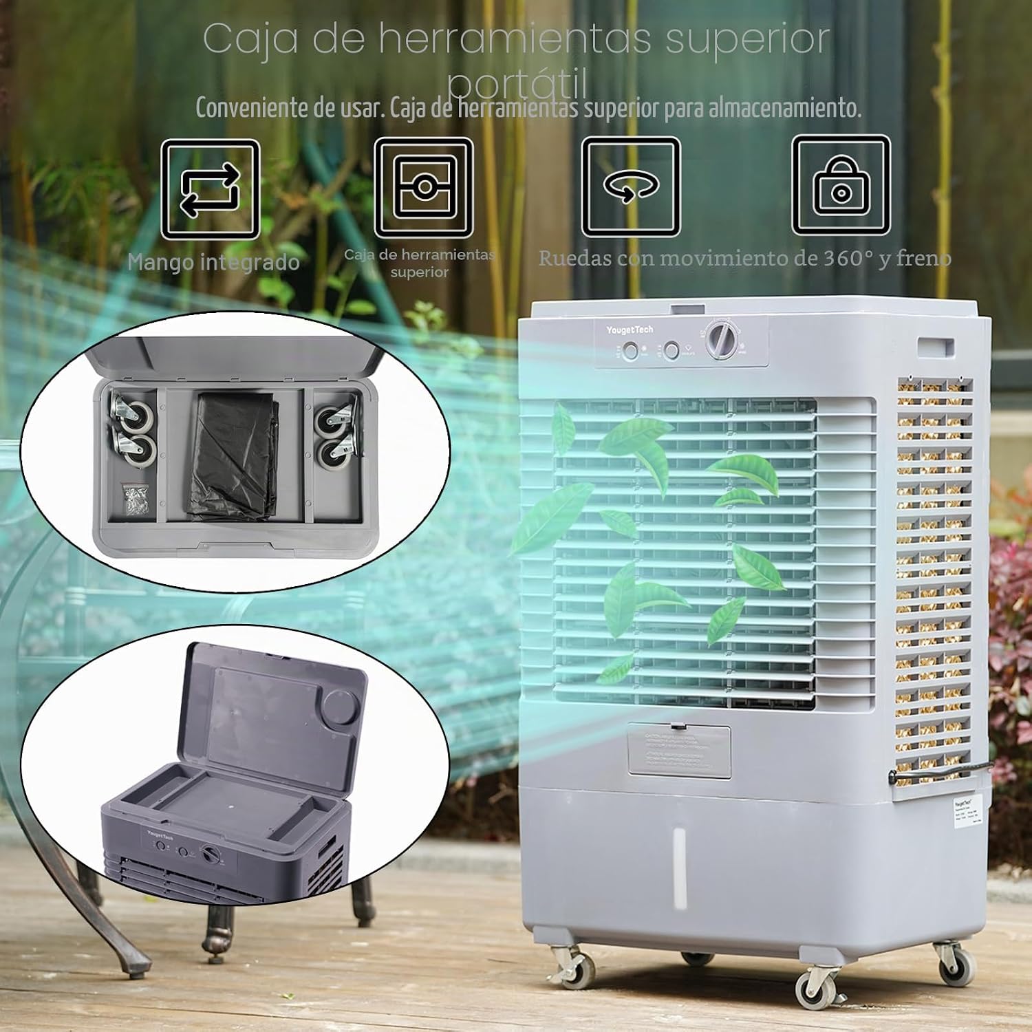 Enfriador evaporativo portátil YougetTech de 37 pulgadas, 3000 CFM | Con oscilación de 120°, 3 velocidades y funda protectora contra el polvo; ideal para garajes, patios, talleres y fábricas.