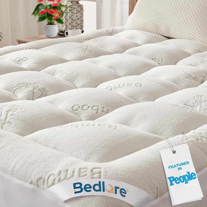 BEDLORE Cubrecolchón Queen de Viscosa Derivada de Bambú, Almohadilla Superior Gruesa Tipo Almohada para Colchón con Bolsillos Elásticos para Colchones de 6-18 Pulgadas, Cubrecolchón Suave para Alivio