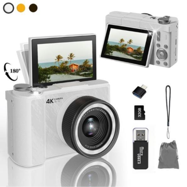 Cámara digital 4K para fotografía, cámara portátil con pantalla plegable estilo Y2K para videoblogs, con tarjeta SD de 32 GB, correa para la muñeca, temporizador automático, estabilización de imagen, zoom digital de 16x. Regalo ideal para niñas, niños y p