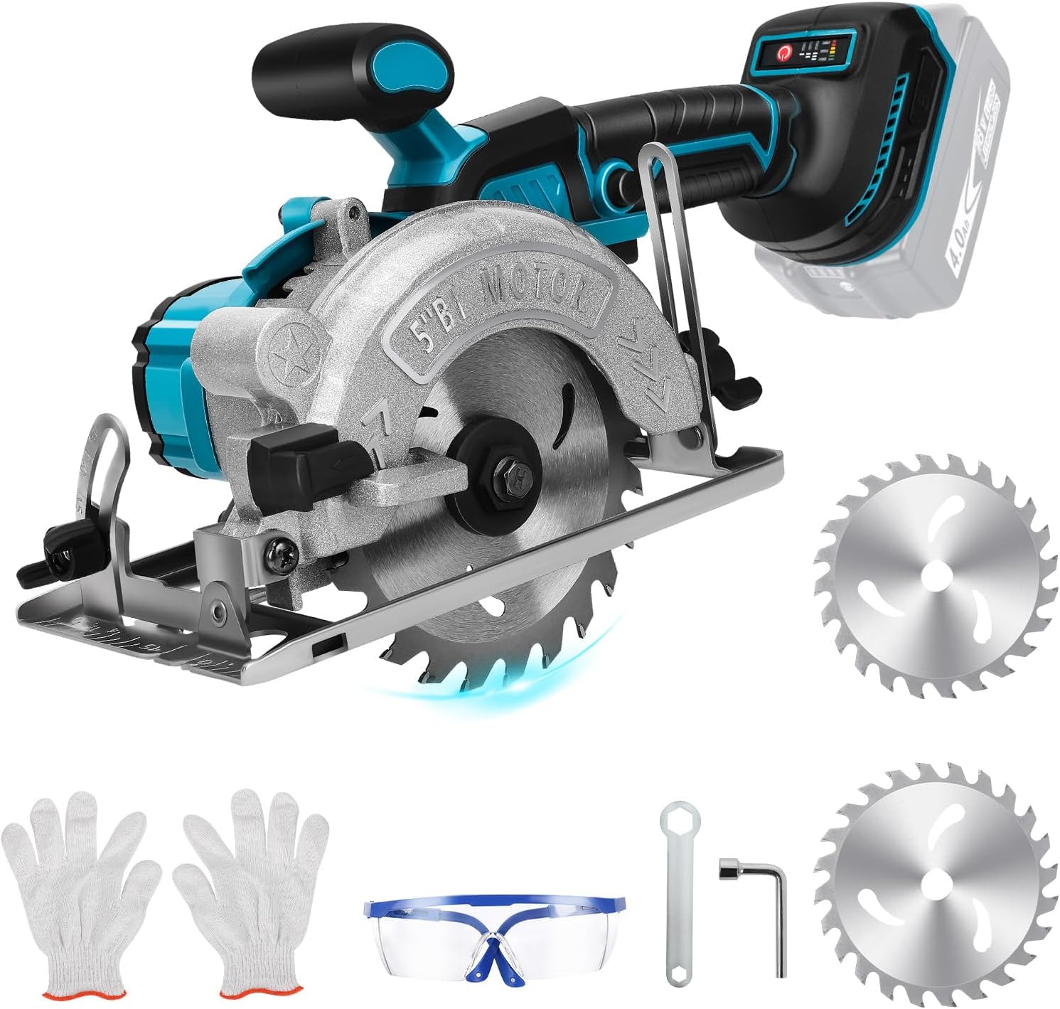 Sierra Circular Inalámbrica Amarilla SOARFLY 5 Pulgadas Herramienta Eléctrica de Alta Calidad Corte Ajustable 0‑42mm Bisel 45° para Madera Metal Azulejos PVC Motor de Cobre Batería de Larga Duración