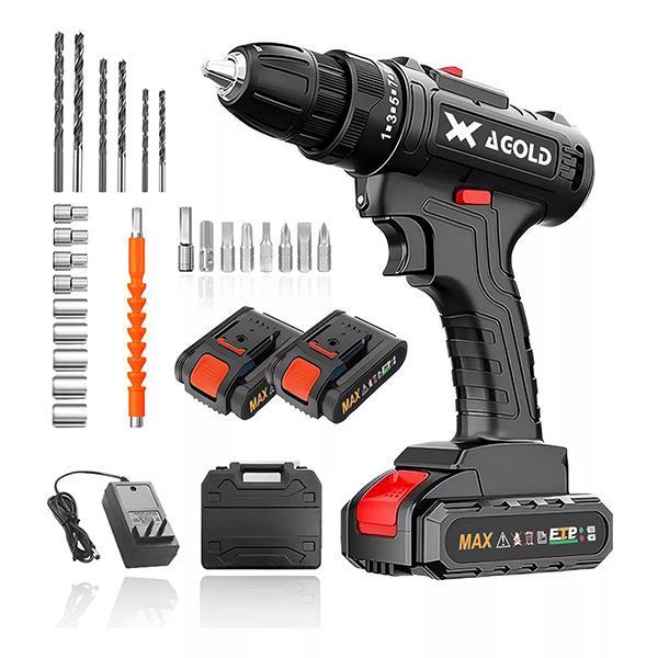 Agold Kit de destornilladores, taladro inalámbrico, baterías de litio de impacto en estuche de transporte negro