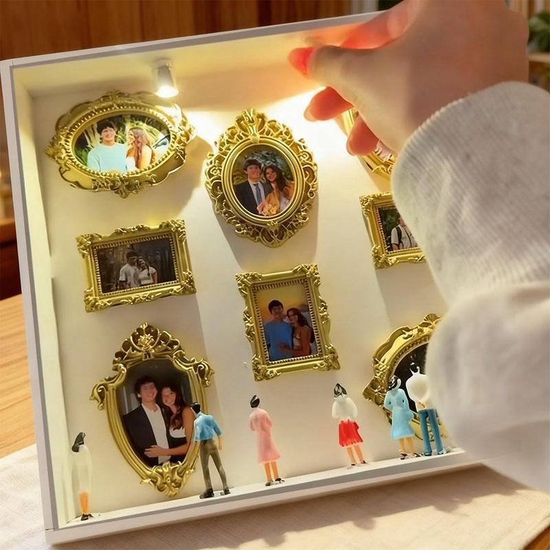 Mini Museum Silhouette Box DIY: Caja de Siluetas de Museo con 8 Mini Marcos Dorados y 10 Figuras para Exhibir Recuerdos Únicos Ideal para Aniversarios Bodas y San Valentín