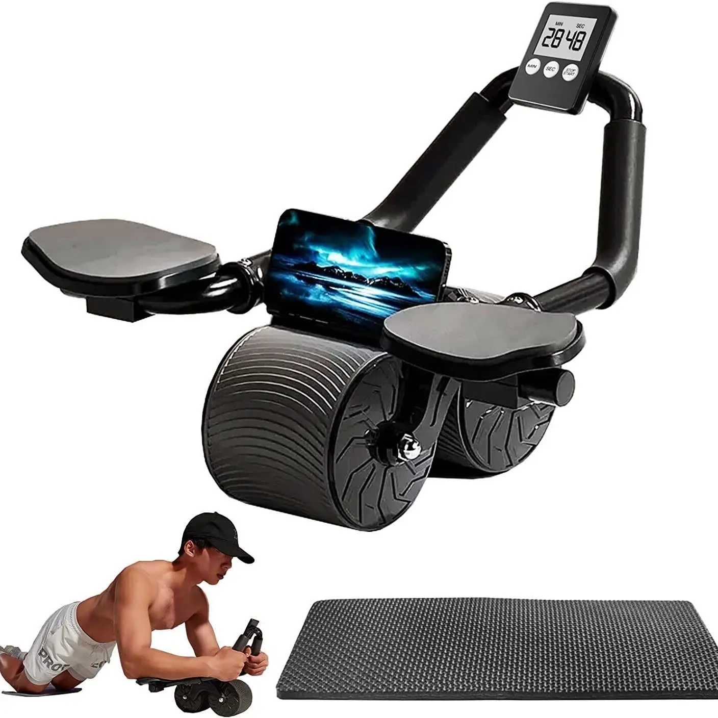 Rodillo para abdominales con rueda para ejercicios abdominales, rueda de fitness para entrenamiento de músculos centrales, rodillo para abdominales con rebote automático y temporizador.