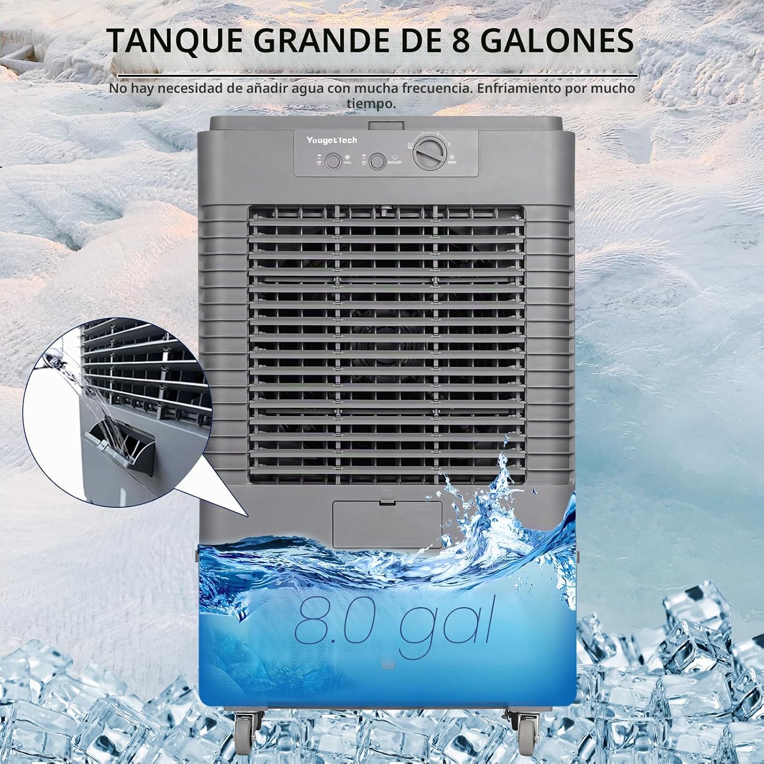 Enfriador evaporativo portátil YougetTech de 37 pulgadas, 3000 CFM | Con oscilación de 120°, 3 velocidades y funda protectora contra el polvo; ideal para garajes, patios, talleres y fábricas.