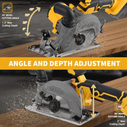 Sierra Circular Inalámbrica Amarilla SOARFLY 5 Pulgadas Herramienta Eléctrica de Alta Calidad Corte Ajustable 0‑42mm Bisel 45° para Madera Metal Azulejos PVC Motor de Cobre Batería de Larga Duración