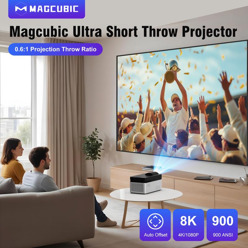 Magcubic HY450 Proyector 900ANSI Tiro Ultracorto Decodificación 8K Asistente de Google Resolución Nativa 1080P Corrección Automática Enfoque Electrónico WiFi 6 Dual, BT 5.4 Allwinner H726 Altavoces HiFi Duales de 5W Integrados 32 GB Cine en C