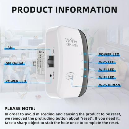 Repetidor WiFi 300Mbps 2.4GHz, amplificador de señal inalámbrico de largo alcance, extensor WiFi con botón WPS para casa y oficina