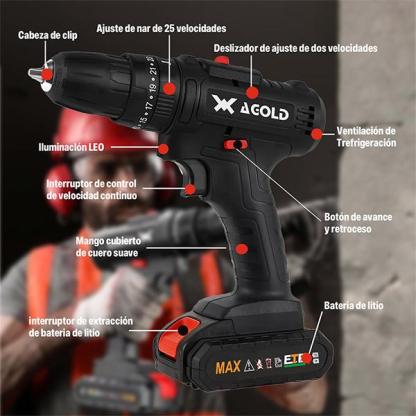 Agold Kit de destornilladores, taladro inalámbrico, baterías de litio de impacto en estuche de transporte negro