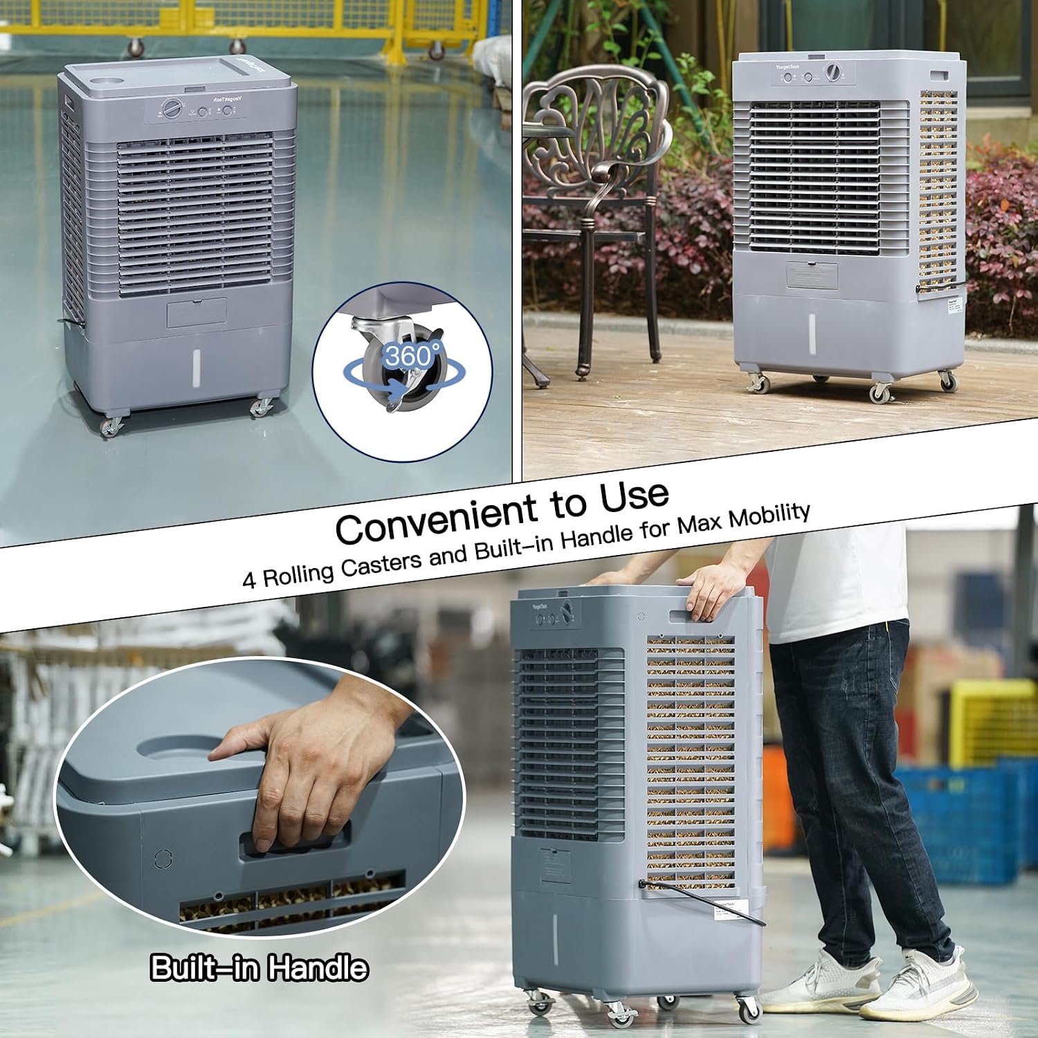 Enfriador evaporativo portátil YougetTech de 37 pulgadas, 3000 CFM | Con oscilación de 120°, 3 velocidades y funda protectora contra el polvo; ideal para garajes, patios, talleres y fábricas.
