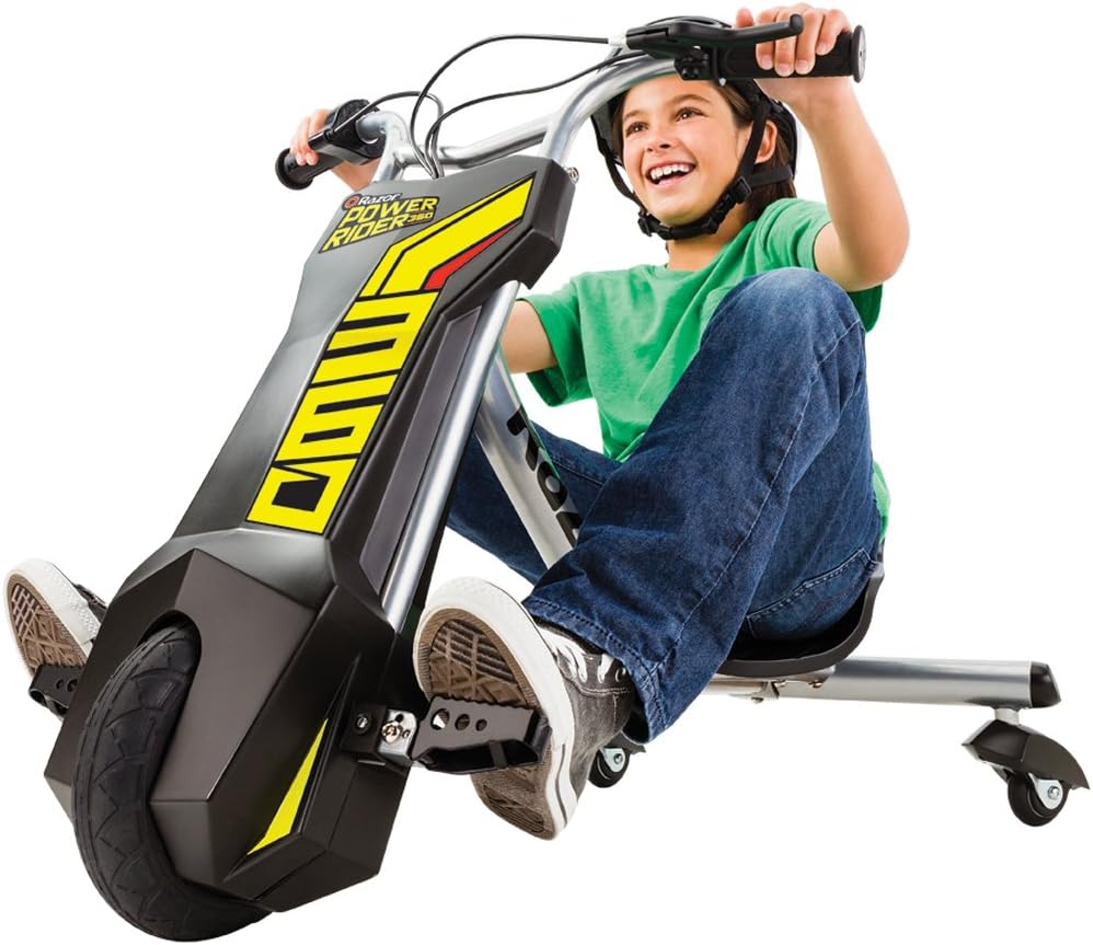 Razor PowerRider 360, Triciclo Eléctrico, Giros y Deslizamientos de 360 ​​Grados y Derrapes, Hasta 14 km/h, Hasta 30 minutos, Doble Corona Manillar, Rueda Delantero 200mm, 8+, 54 kg