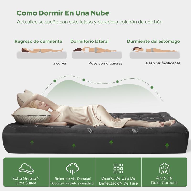 BEDLORE Cubrecolchón Queen de Viscosa Derivada de Bambú, Almohadilla Superior Gruesa Tipo Almohada para Colchón con Bolsillos Elásticos para Colchones de 6-18 Pulgadas, Cubrecolchón Suave para Alivio