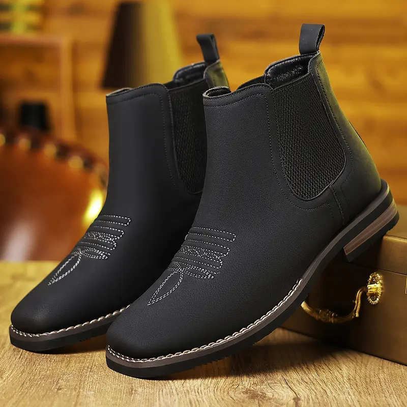 Botas vaqueras occidentales para hombre, botines Chelsea de punta cuadrada, botas de trabajo, casuales, vintage, modernas, clásicas, cómodas, versátiles, disponibles en caqui y negro, para exteriores, informales, de punta cerrada.