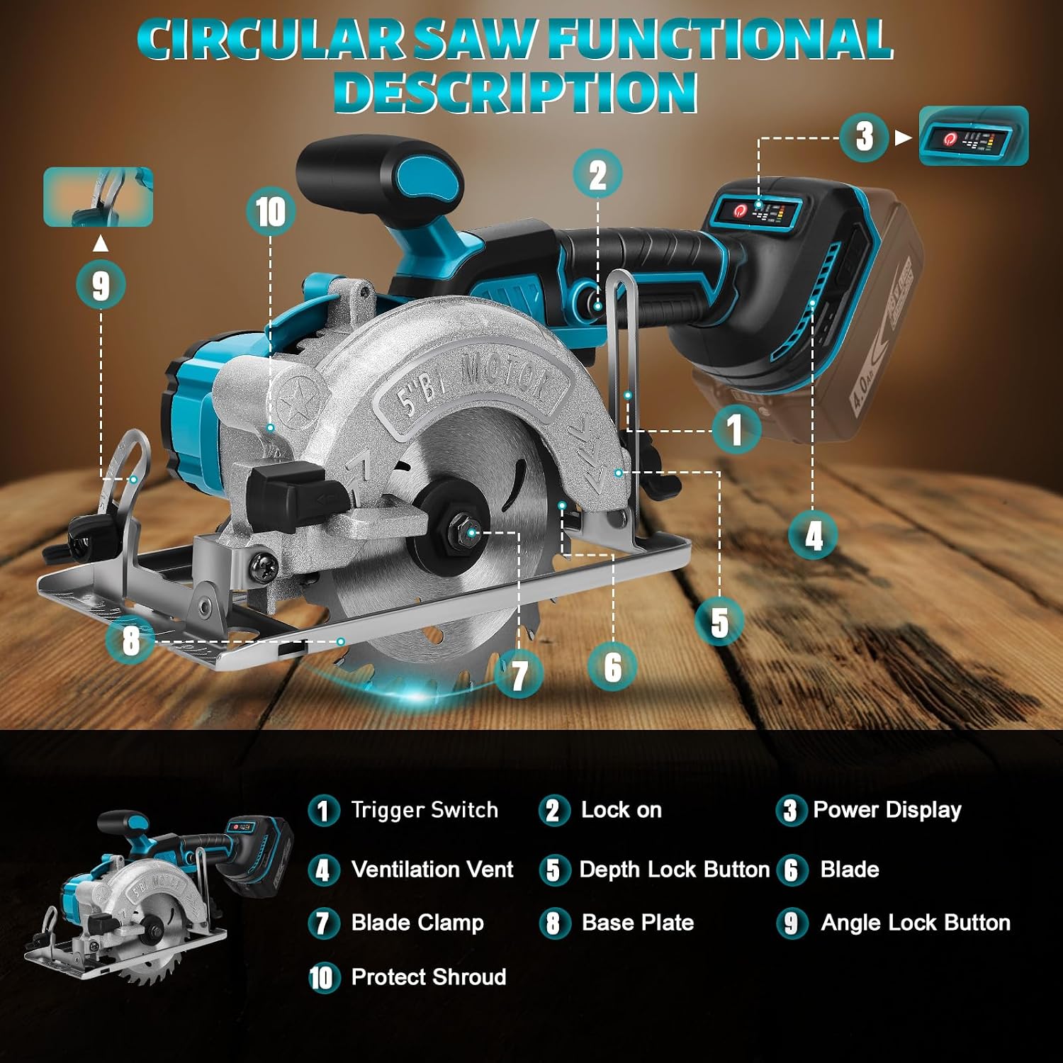 Sierra Circular Inalámbrica Amarilla SOARFLY 5 Pulgadas Herramienta Eléctrica de Alta Calidad Corte Ajustable 0‑42mm Bisel 45° para Madera Metal Azulejos PVC Motor de Cobre Batería de Larga Duración