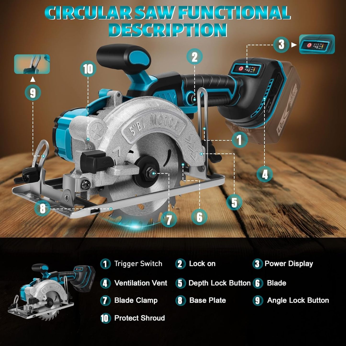 Sierra Circular Inalámbrica Amarilla SOARFLY 5 Pulgadas Herramienta Eléctrica de Alta Calidad Corte Ajustable 0‑42mm Bisel 45° para Madera Metal Azulejos PVC Motor de Cobre Batería de Larga Duración