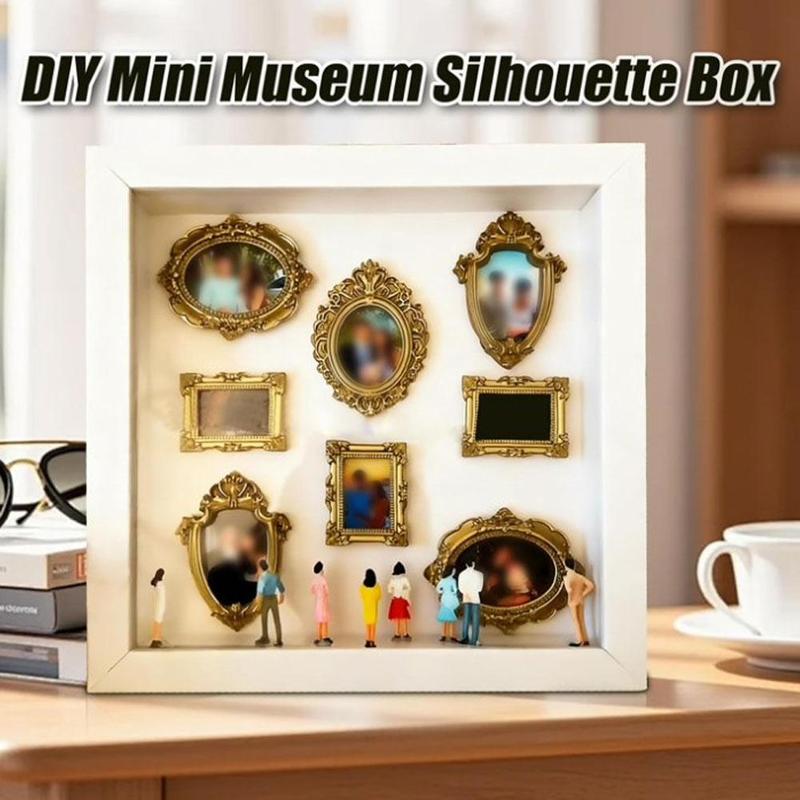 Mini Museum Silhouette Box DIY: Caja de Siluetas de Museo con 8 Mini Marcos Dorados y 10 Figuras para Exhibir Recuerdos Únicos Ideal para Aniversarios Bodas y San Valentín