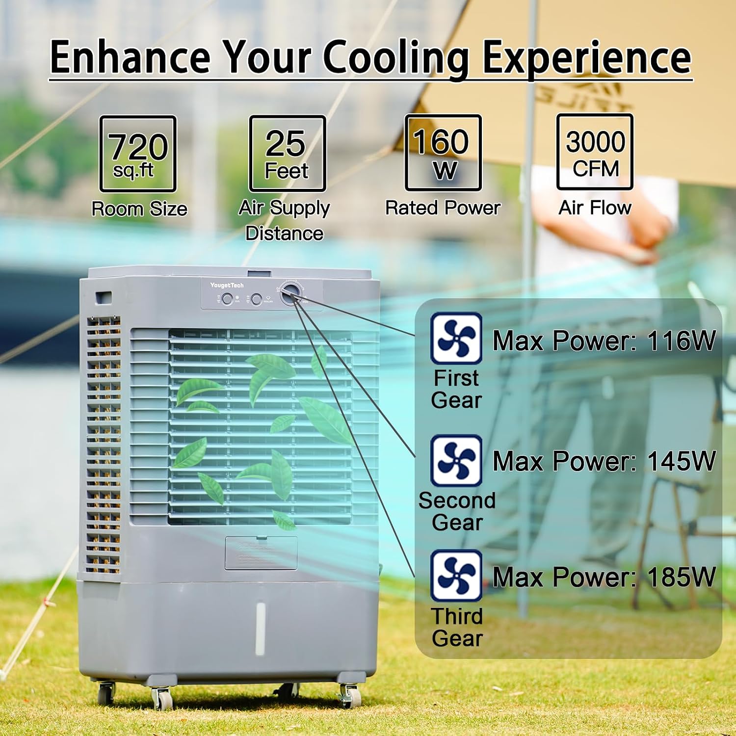 Enfriador evaporativo portátil YougetTech de 37 pulgadas, 3000 CFM | Con oscilación de 120°, 3 velocidades y funda protectora contra el polvo; ideal para garajes, patios, talleres y fábricas.