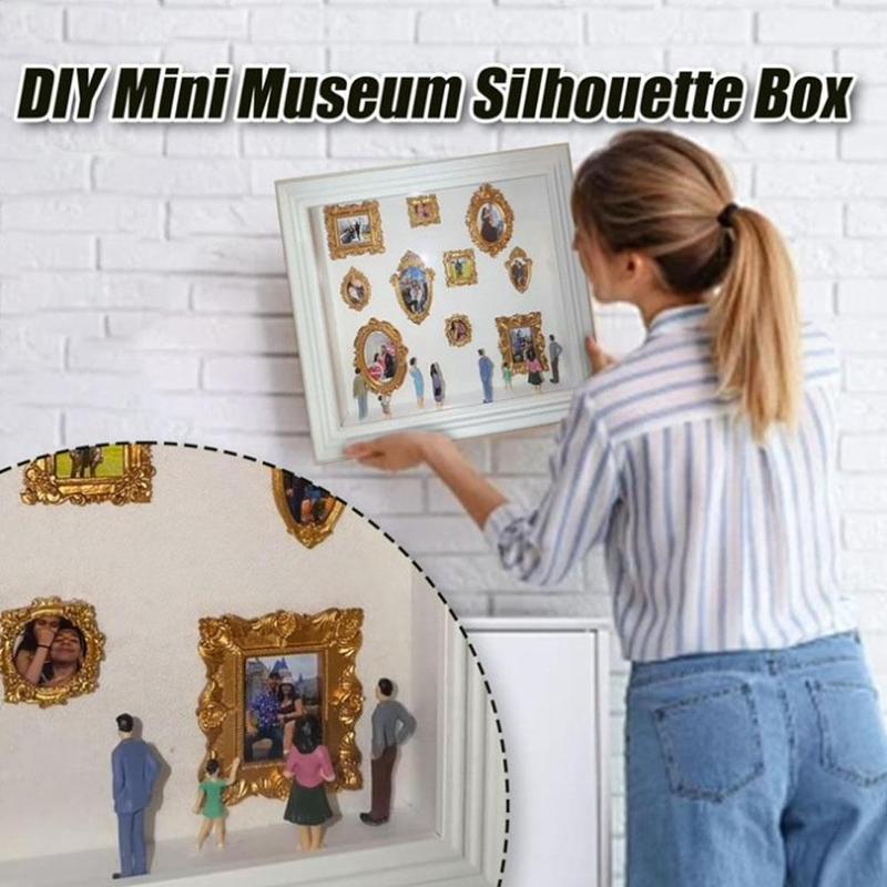 Mini Museum Silhouette Box DIY: Caja de Siluetas de Museo con 8 Mini Marcos Dorados y 10 Figuras para Exhibir Recuerdos Únicos Ideal para Aniversarios Bodas y San Valentín