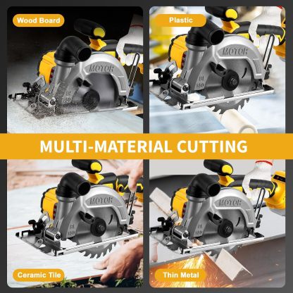 Sierra Circular Inalámbrica Amarilla SOARFLY 5 Pulgadas Herramienta Eléctrica de Alta Calidad Corte Ajustable 0‑42mm Bisel 45° para Madera Metal Azulejos PVC Motor de Cobre Batería de Larga Duración