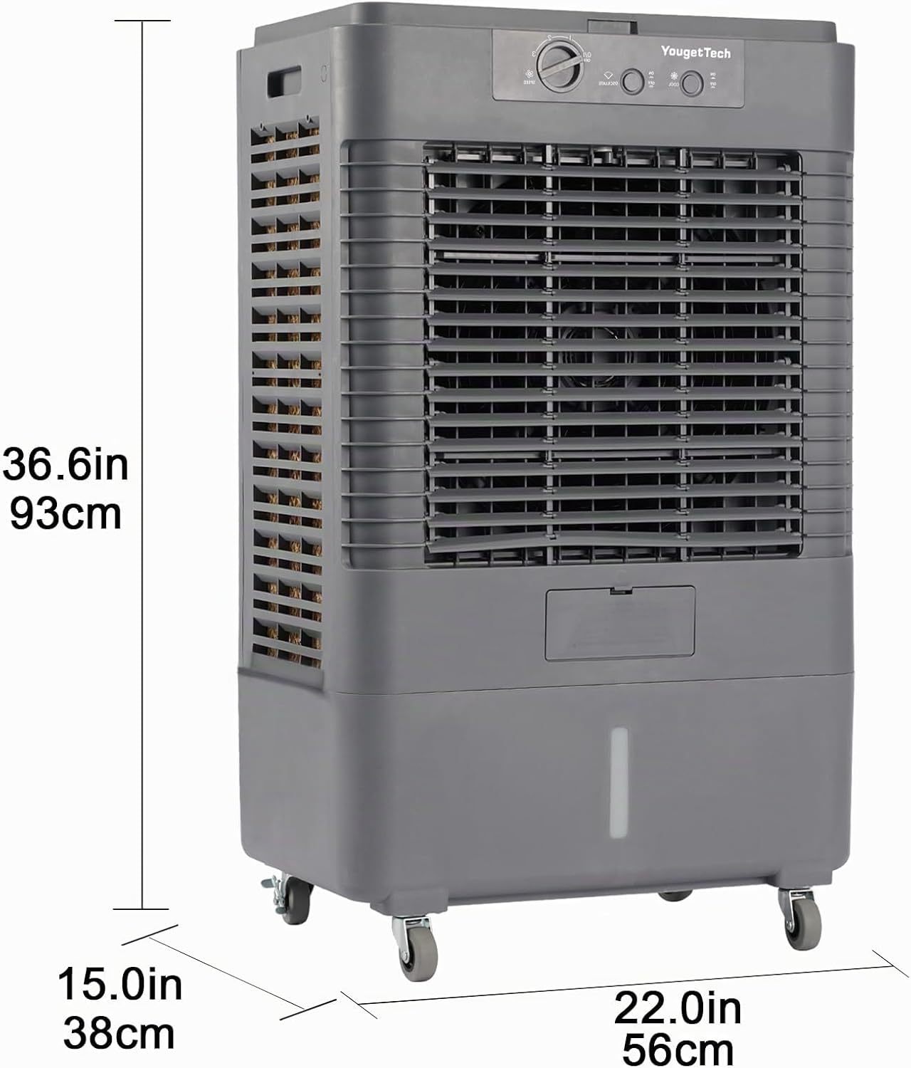 Enfriador evaporativo portátil YougetTech de 37 pulgadas, 3000 CFM | Con oscilación de 120°, 3 velocidades y funda protectora contra el polvo; ideal para garajes, patios, talleres y fábricas.