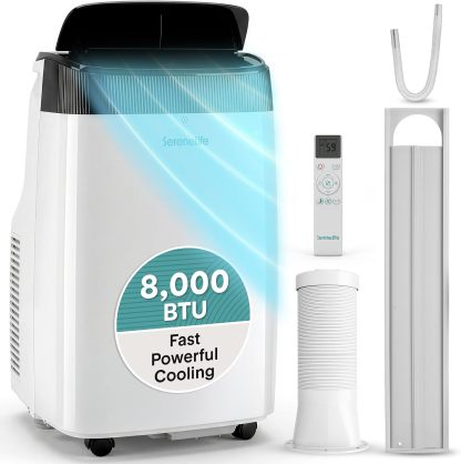 Aire acondicionado portátil SereneLife con doble motor, deshumidificador y ventilador | Unidad de 8000 BTU con rango de temperatura de 64 °F a 90 °F | Enfriamiento rápido y potente | 3 velocidades de ventilador, control remoto y kit de evacuación para ven