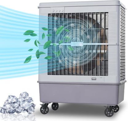 Enfriador evaporativo portátil YougetTech de 37 pulgadas, 3000 CFM | Con oscilación de 120°, 3 velocidades y funda protectora contra el polvo; ideal para garajes, patios, talleres y fábricas.