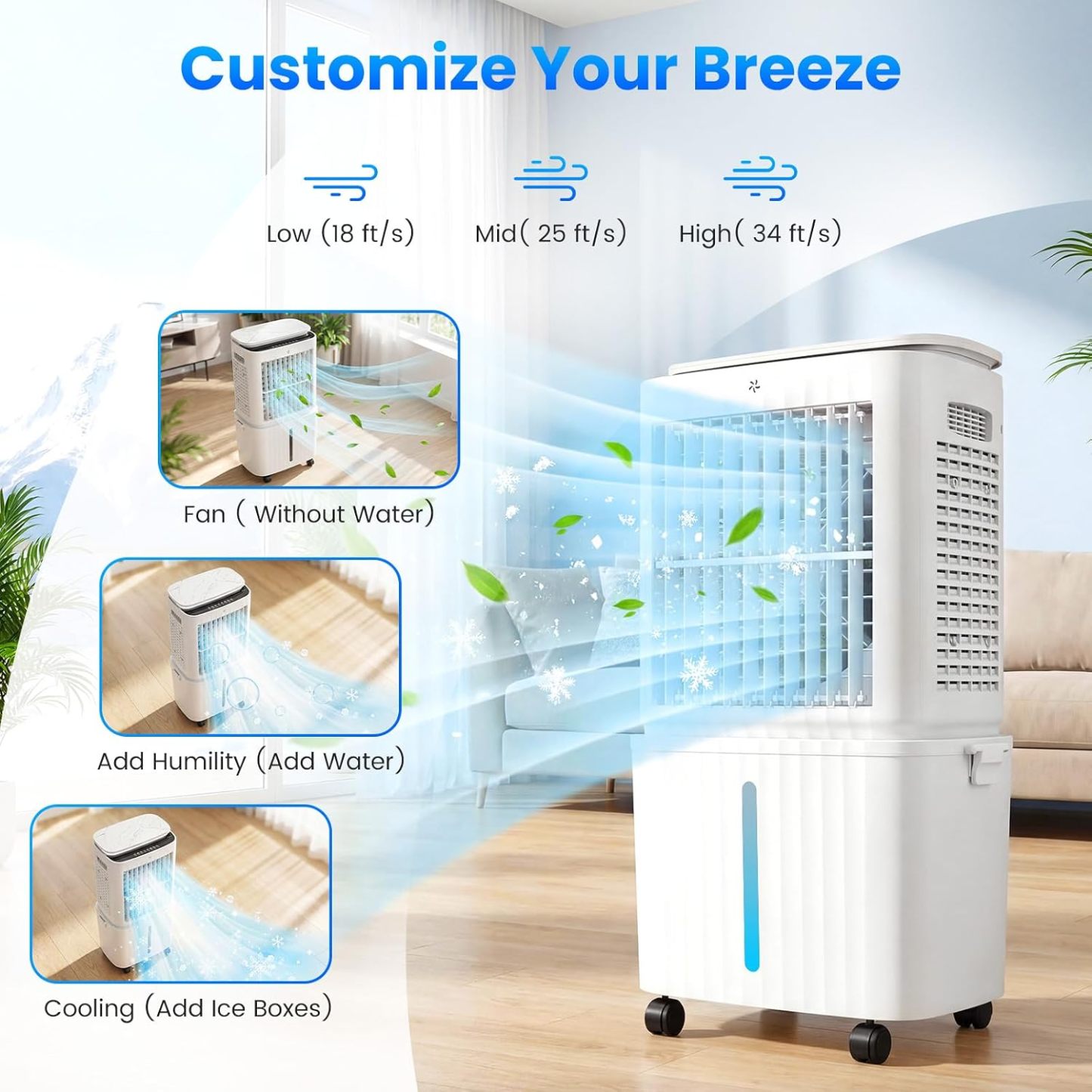 Enfriador evaporativo Auertech de 6,8 galones y 2500 CFM (desmontable) | Unidad 4 en 1, oscilación de 120°, luz; aire acondicionado sin necesidad de ventana para dormitorio, apartamento o garaje.