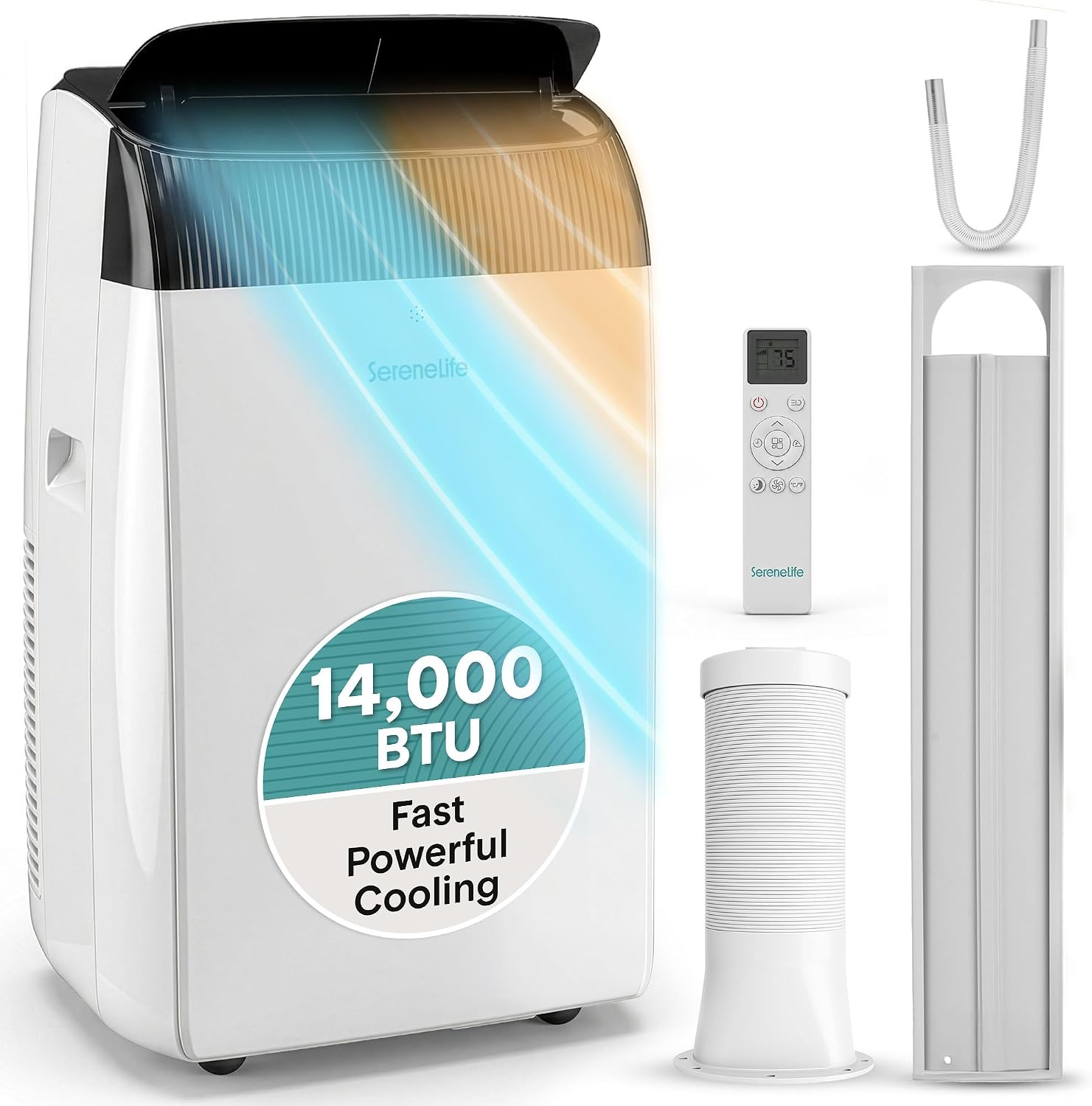Aire acondicionado portátil SereneLife con doble motor, deshumidificador y ventilador | Unidad de 8000 BTU con rango de temperatura de 64 °F a 90 °F | Enfriamiento rápido y potente | 3 velocidades de ventilador, control remoto y kit de evacuación para ven
