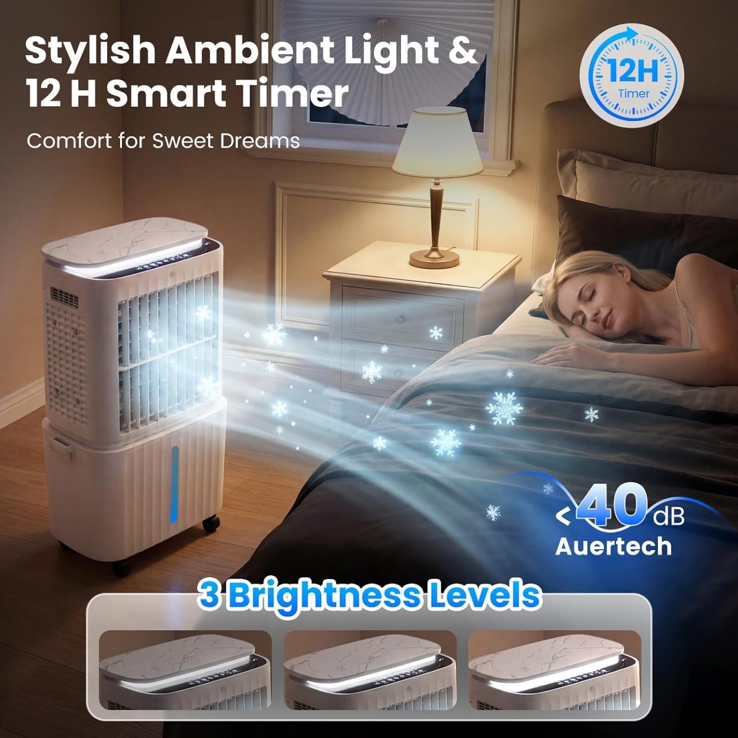 Enfriador evaporativo Auertech de 6,8 galones y 2500 CFM (desmontable) | Unidad 4 en 1, oscilación de 120°, luz; aire acondicionado sin necesidad de ventana para dormitorio, apartamento o garaje.