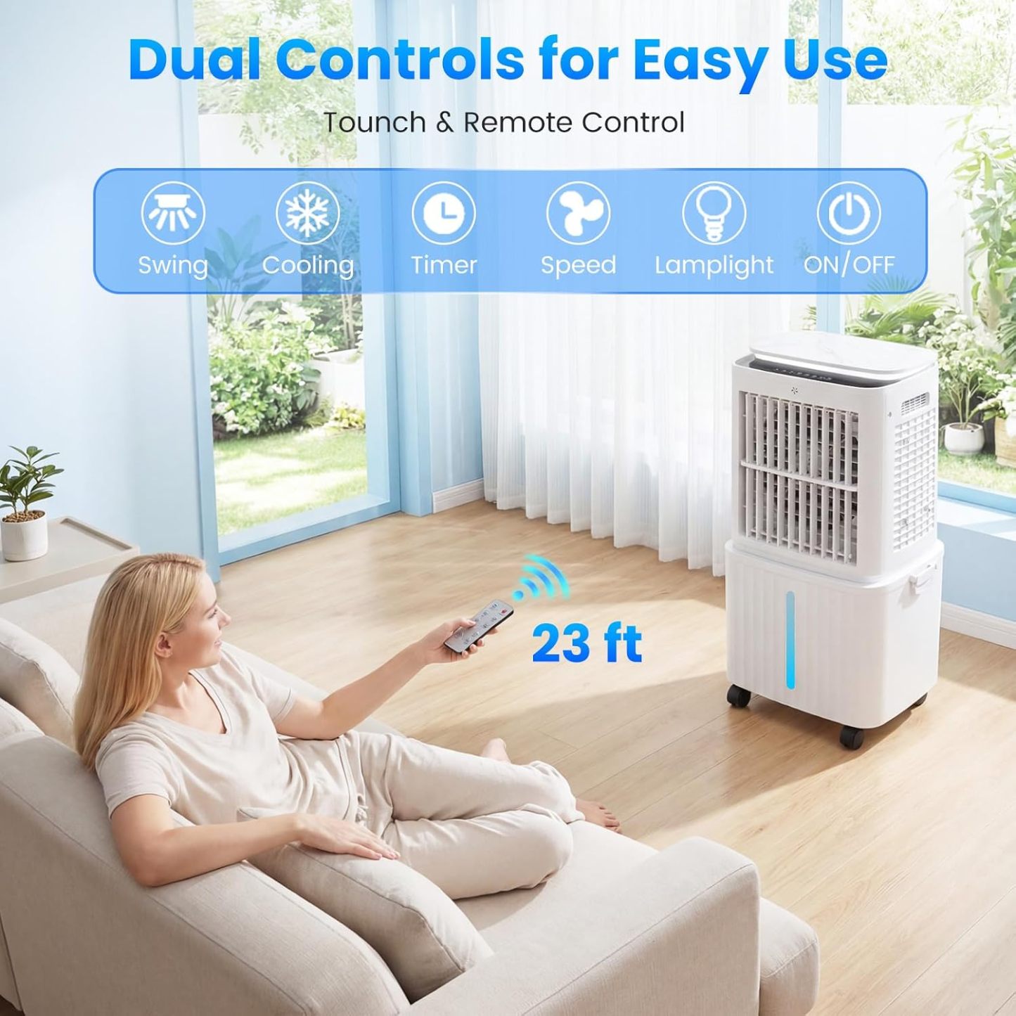 Enfriador evaporativo Auertech de 6,8 galones y 2500 CFM (desmontable) | Unidad 4 en 1, oscilación de 120°, luz; aire acondicionado sin necesidad de ventana para dormitorio, apartamento o garaje.