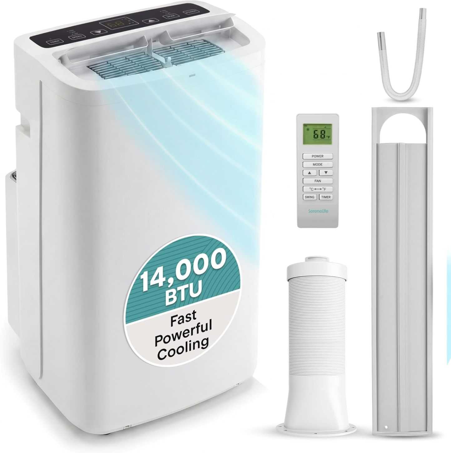 Aire acondicionado portátil SereneLife con doble motor, deshumidificador y ventilador | Unidad de 8000 BTU con rango de temperatura de 64 °F a 90 °F | Enfriamiento rápido y potente | 3 velocidades de ventilador, control remoto y kit de evacuación para ven