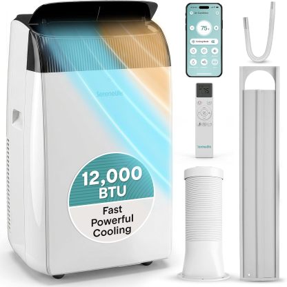 Aire acondicionado portátil SereneLife con doble motor, deshumidificador y ventilador | Unidad de 8000 BTU con rango de temperatura de 64 °F a 90 °F | Enfriamiento rápido y potente | 3 velocidades de ventilador, control remoto y kit de evacuación para ven