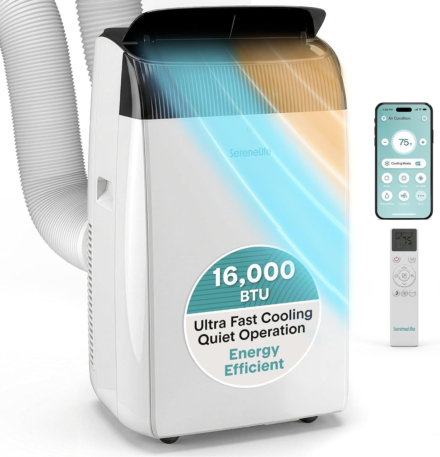 Aire acondicionado portátil SereneLife con doble motor, deshumidificador y ventilador | Unidad de 8000 BTU con rango de temperatura de 64 °F a 90 °F | Enfriamiento rápido y potente | 3 velocidades de ventilador, control remoto y kit de evacuación para ven