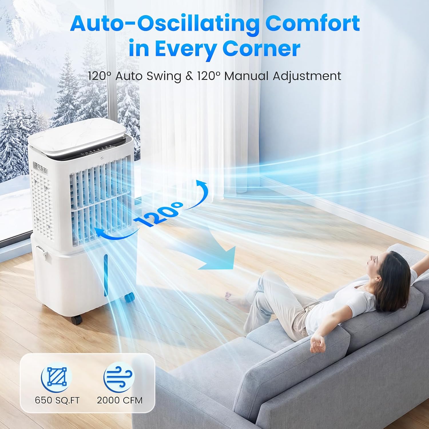 Enfriador evaporativo Auertech de 6,8 galones y 2500 CFM (desmontable) | Unidad 4 en 1, oscilación de 120°, luz; aire acondicionado sin necesidad de ventana para dormitorio, apartamento o garaje.