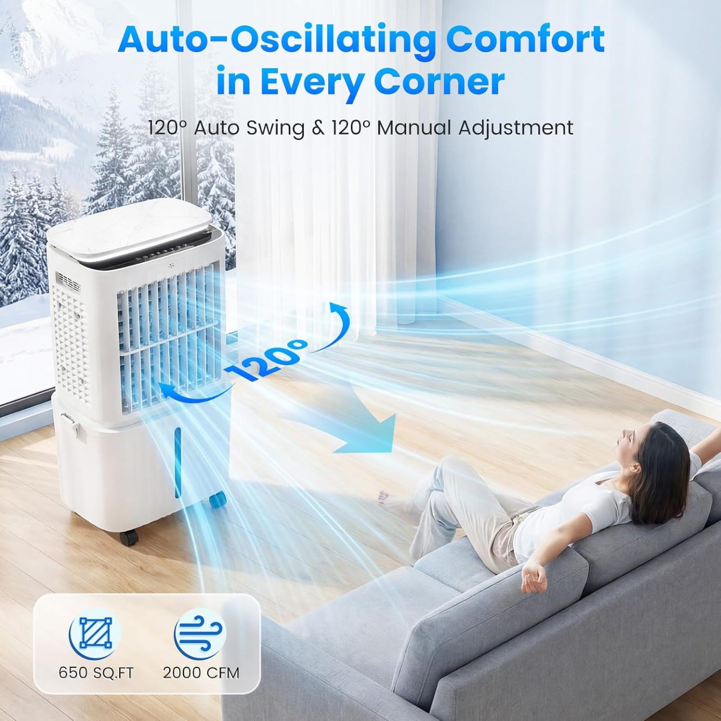 Enfriador evaporativo Auertech de 6,8 galones y 2500 CFM (desmontable) | Unidad 4 en 1, oscilación de 120°, luz; aire acondicionado sin necesidad de ventana para dormitorio, apartamento o garaje.