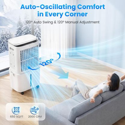 Enfriador evaporativo Auertech de 6,8 galones y 2500 CFM (desmontable) | Unidad 4 en 1, oscilación de 120°, luz; aire acondicionado sin necesidad de ventana para dormitorio, apartamento o garaje.