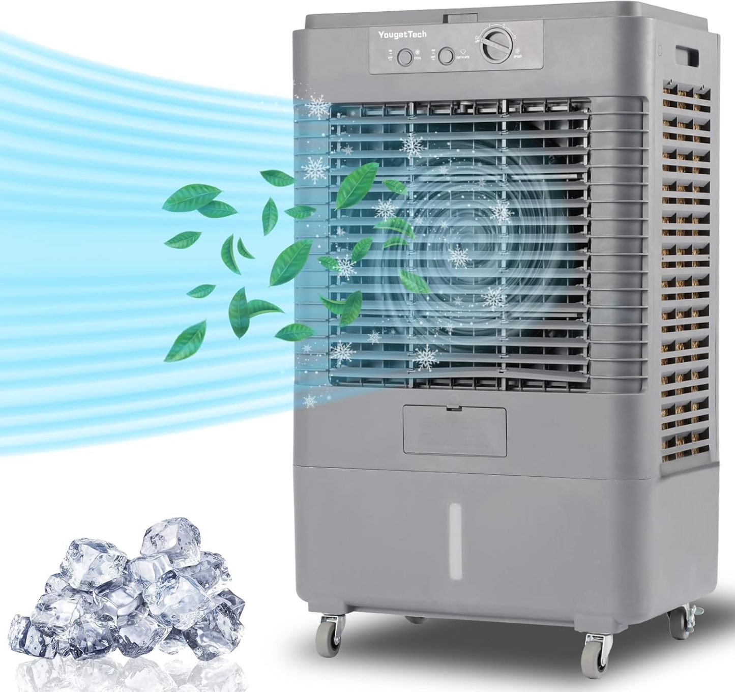 Enfriador evaporativo portátil YougetTech de 37 pulgadas, 3000 CFM | Con oscilación de 120°, 3 velocidades y funda protectora contra el polvo; ideal para garajes, patios, talleres y fábricas.