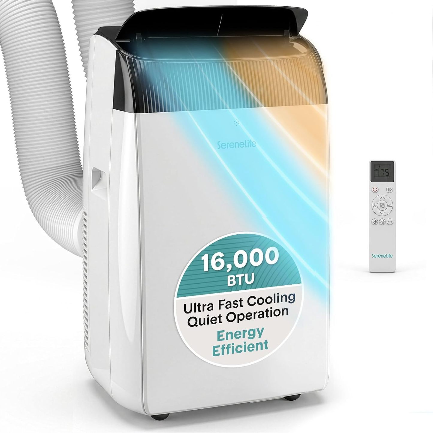 Aire acondicionado portátil SereneLife con doble motor, deshumidificador y ventilador | Unidad de 8000 BTU con rango de temperatura de 64 °F a 90 °F | Enfriamiento rápido y potente | 3 velocidades de ventilador, control remoto y kit de evacuación para ven