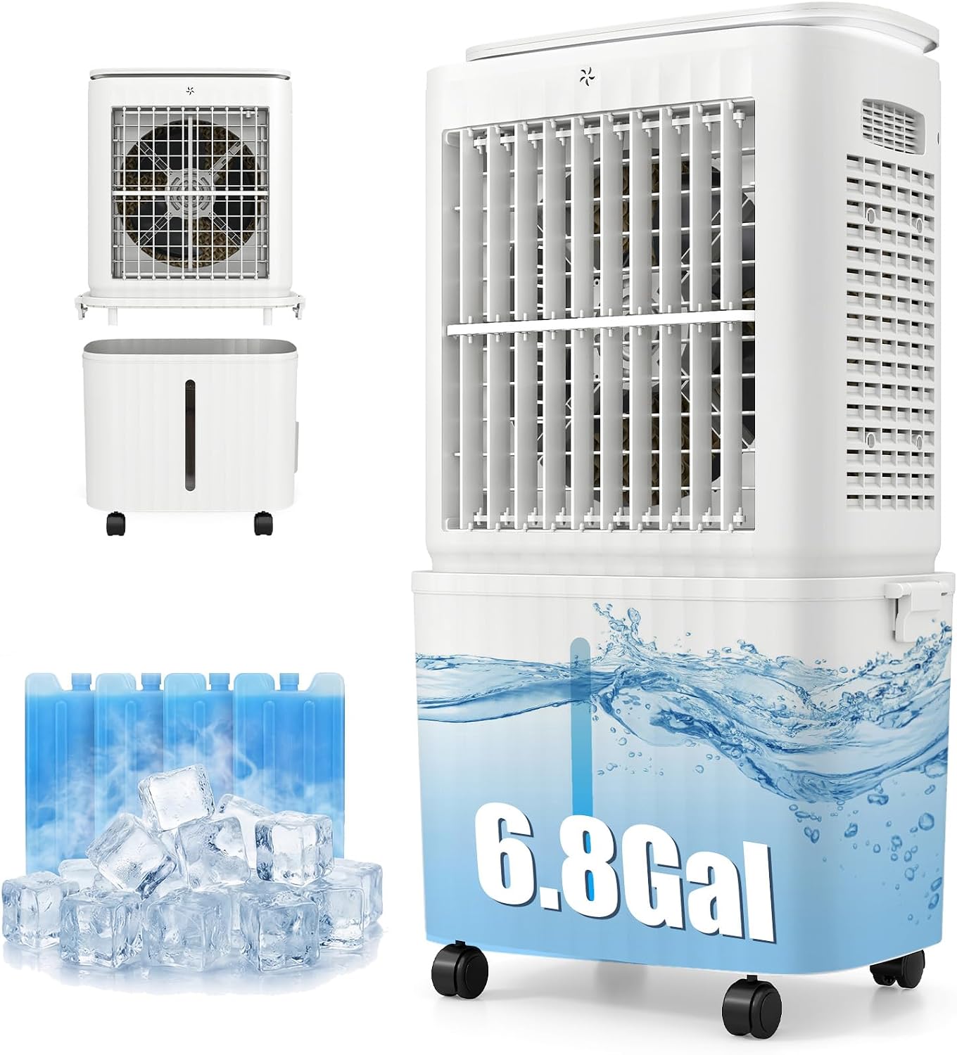 Enfriador evaporativo Auertech de 6,8 galones y 2500 CFM (desmontable) | Unidad 4 en 1, oscilación de 120°, luz; aire acondicionado sin necesidad de ventana para dormitorio, apartamento o garaje.