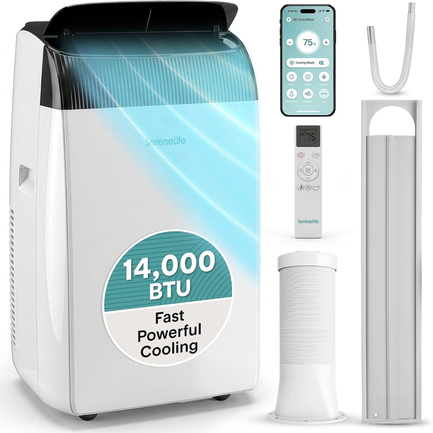 Aire acondicionado portátil SereneLife con doble motor, deshumidificador y ventilador | Unidad de 8000 BTU con rango de temperatura de 64 °F a 90 °F | Enfriamiento rápido y potente | 3 velocidades de ventilador, control remoto y kit de evacuación para ven