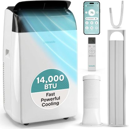 Aire acondicionado portátil SereneLife con doble motor, deshumidificador y ventilador | Unidad de 8000 BTU con rango de temperatura de 64 °F a 90 °F | Enfriamiento rápido y potente | 3 velocidades de ventilador, control remoto y kit de evacuación para ven