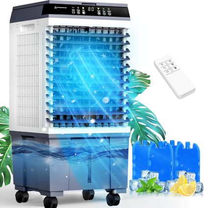 Enfriador evaporativo de 4000 CFM (4 en 1) con depósito de agua de 18,6 galones, 4 paquetes de hielo, control remoto, temporizador de 12 horas, oscilación de 120° y ventilador portátil de 36 pulgadas con 3 modos y velocidades; ideal para dormitorios y esp