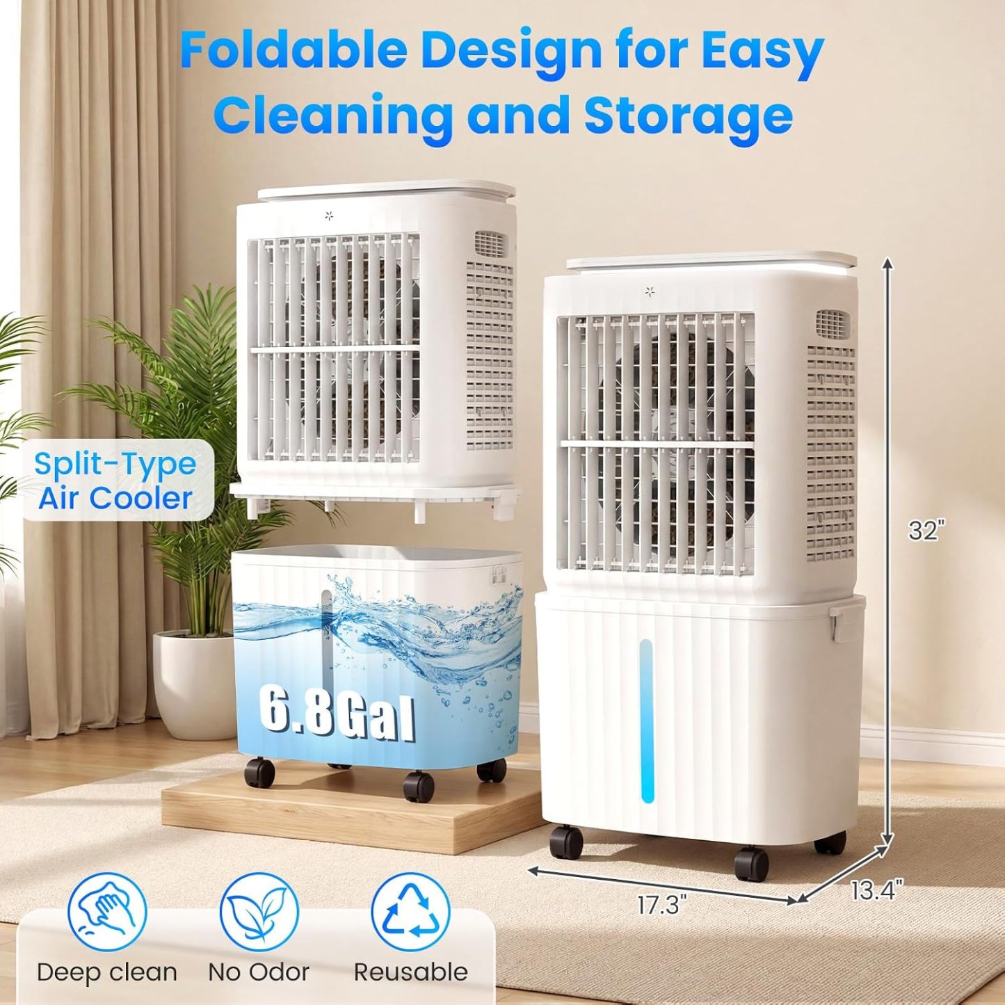Enfriador evaporativo Auertech de 6,8 galones y 2500 CFM (desmontable) | Unidad 4 en 1, oscilación de 120°, luz; aire acondicionado sin necesidad de ventana para dormitorio, apartamento o garaje.